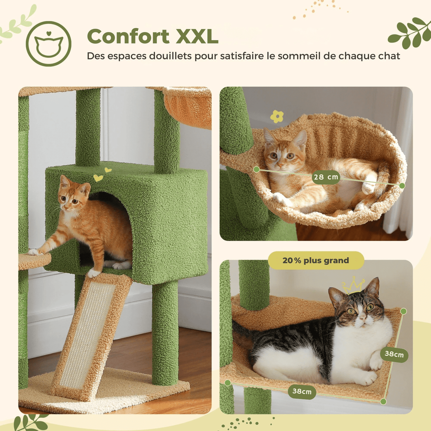 Arbre à Chat Cactus du Sol au Plafond – Tour Ajustable avec Niche, Hamac Douillet et Poteaux à Griffer – Grande Aire de Jeu pour Chats - Aurapet
