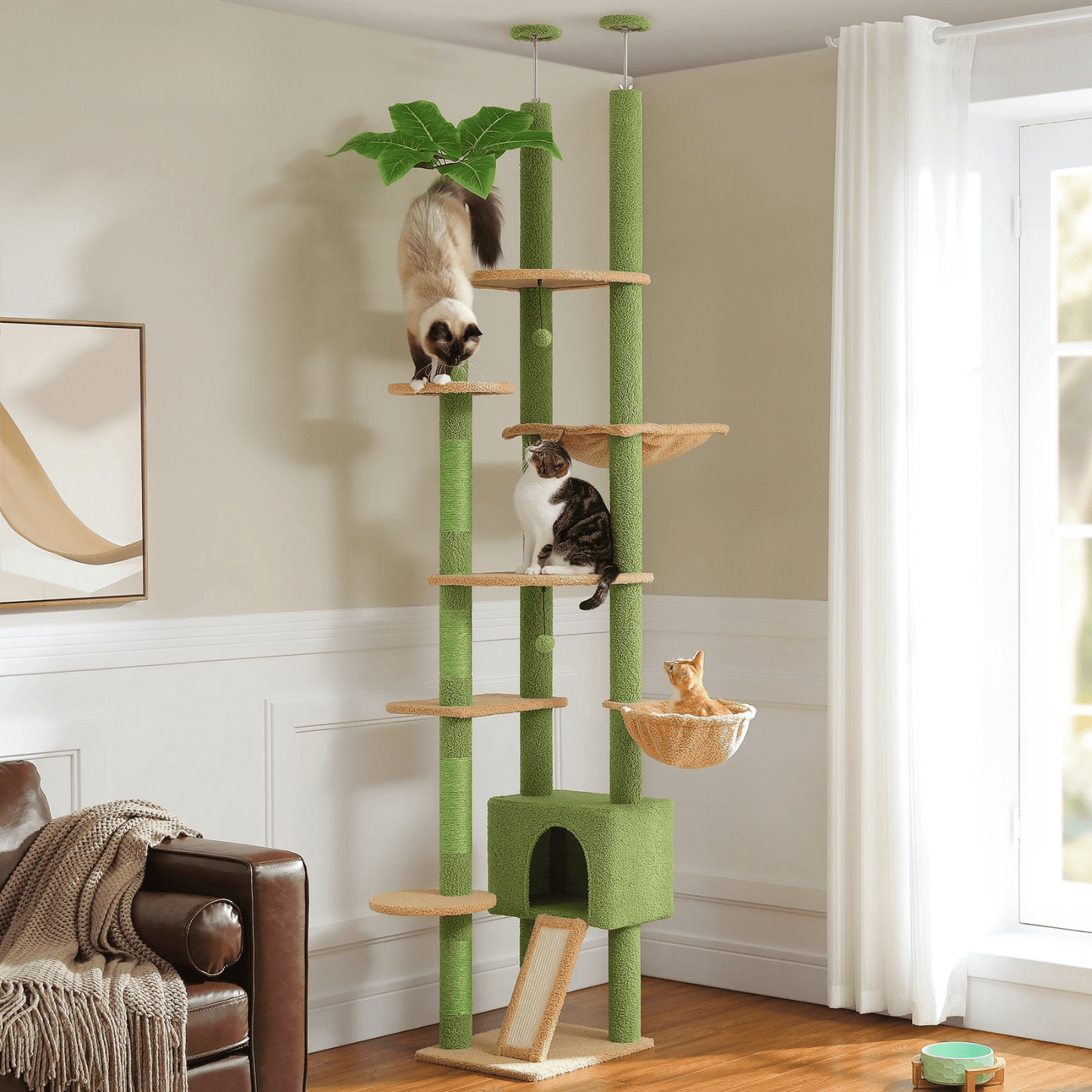 Arbre à Chat Cactus du Sol au Plafond – Tour Ajustable avec Niche, Hamac Douillet et Poteaux à Griffer – Grande Aire de Jeu pour Chats - Aurapet