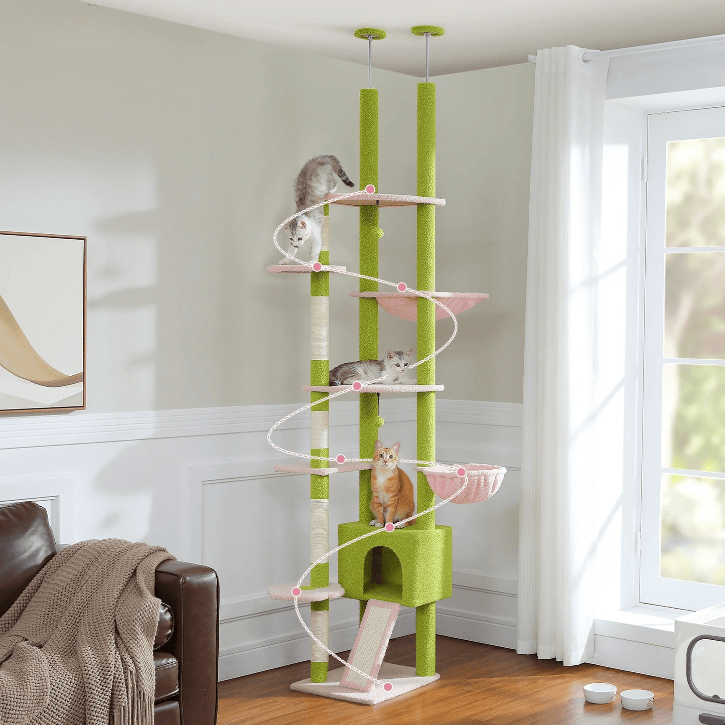 Arbre à Chat Cactus du Sol au Plafond – Tour Ajustable avec Niche, Hamac Douillet et Poteaux à Griffer – Grande Aire de Jeu pour Chats - Aurapet
