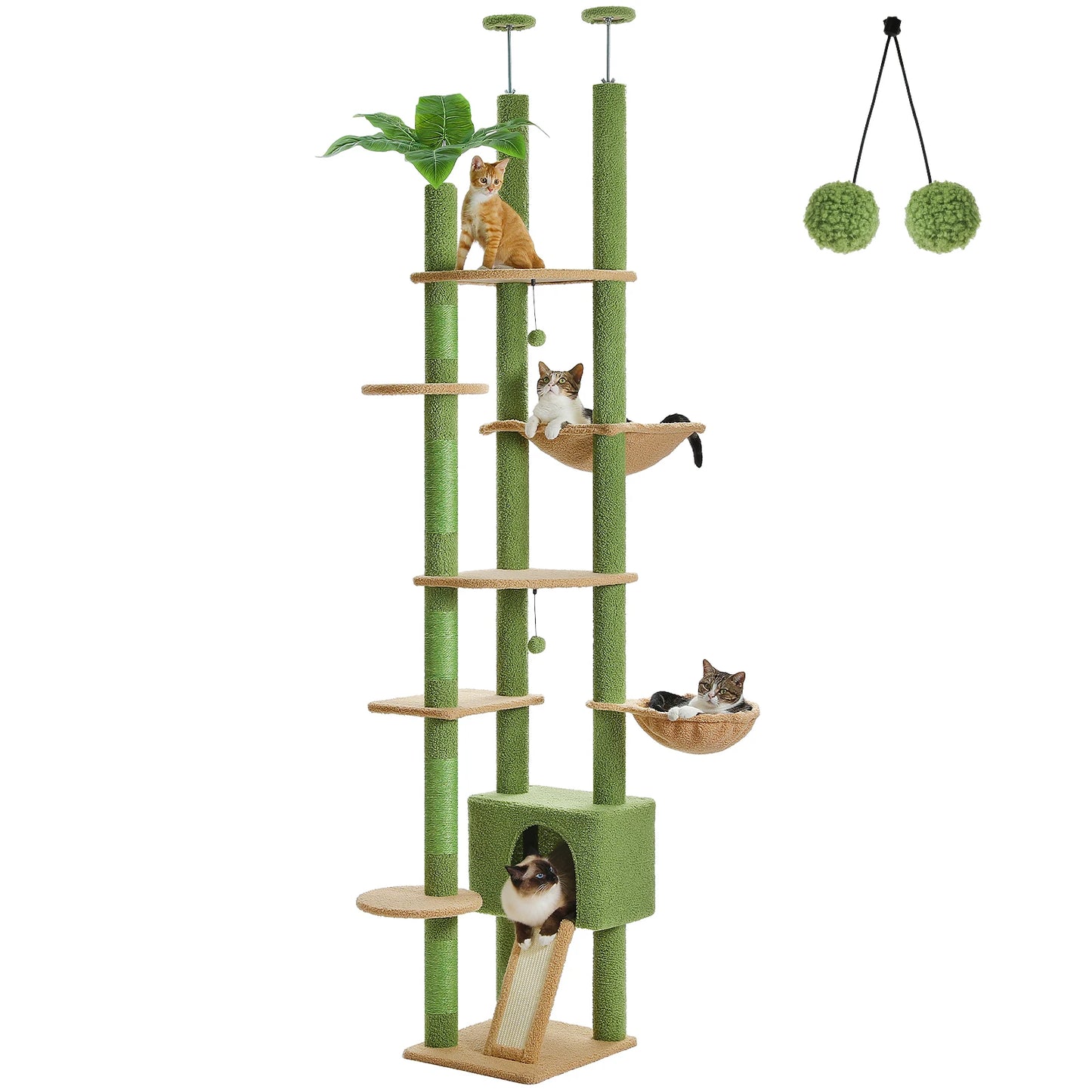 Arbre à Chat Cactus du Sol au Plafond – Tour Ajustable avec Niche, Hamac Douillet et Poteaux à Griffer – Grande Aire de Jeu pour Chats - Aurapet