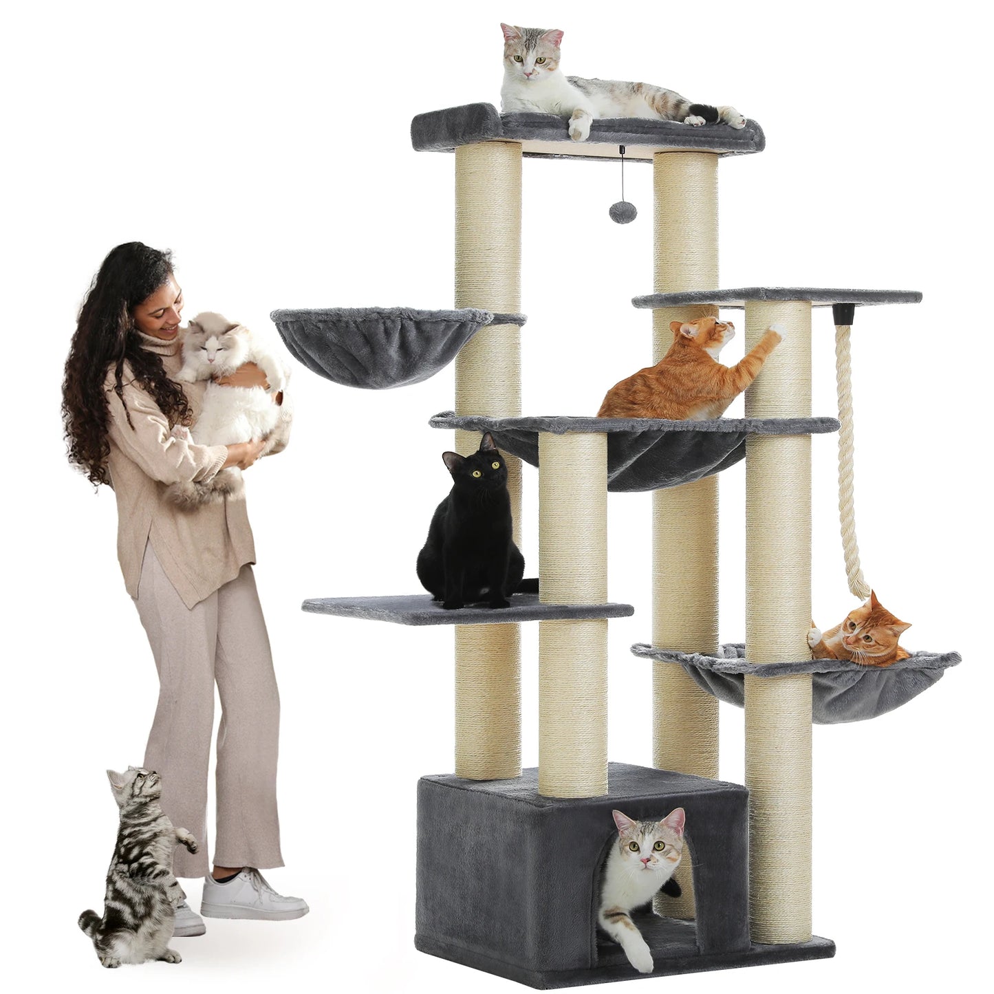 Grand Arbre à Chat XXL 170 cm – Tour Robuste avec 11 Griffoirs en Sisal, Hamacs & Perchoirs - Aurapet