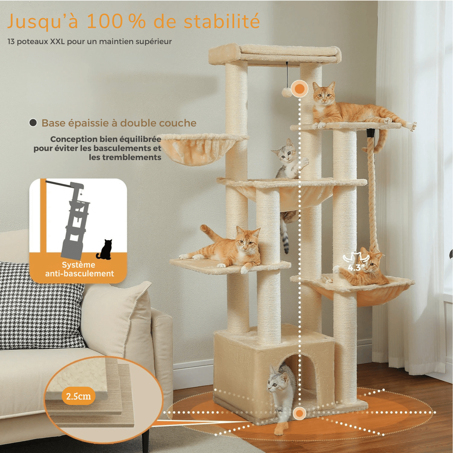 Grand Arbre à Chat XXL 170 cm – Tour Robuste avec 11 Griffoirs en Sisal, Hamacs & Perchoirs - Aurapet