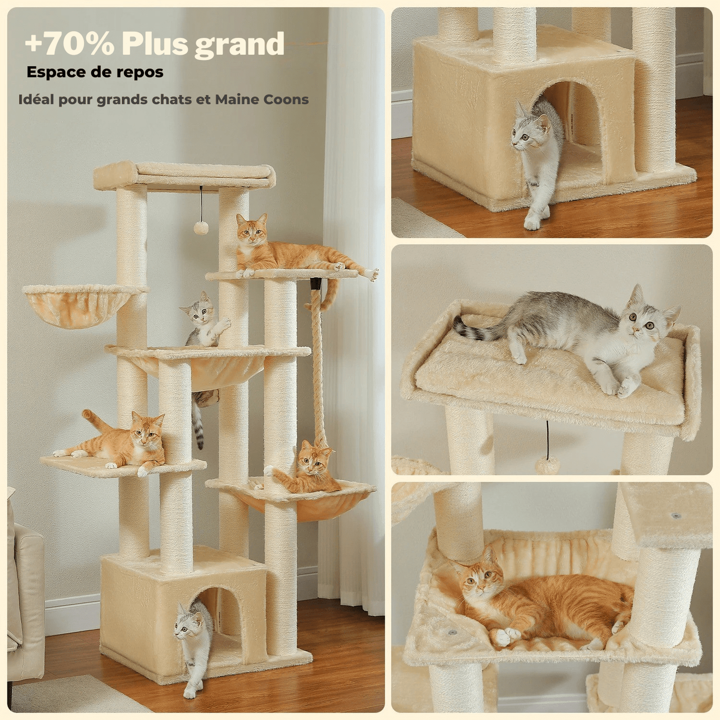 Grand Arbre à Chat XXL 170 cm – Tour Robuste avec 11 Griffoirs en Sisal, Hamacs & Perchoirs - Aurapet