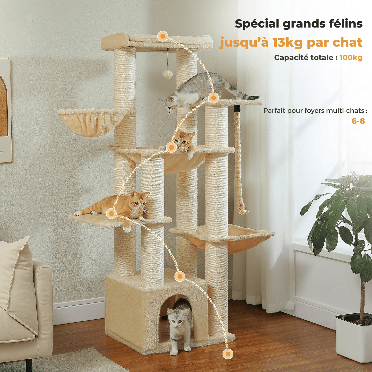 Grand Arbre à Chat XXL 170 cm – Tour Robuste avec 11 Griffoirs en Sisal, Hamacs & Perchoirs - Aurapet