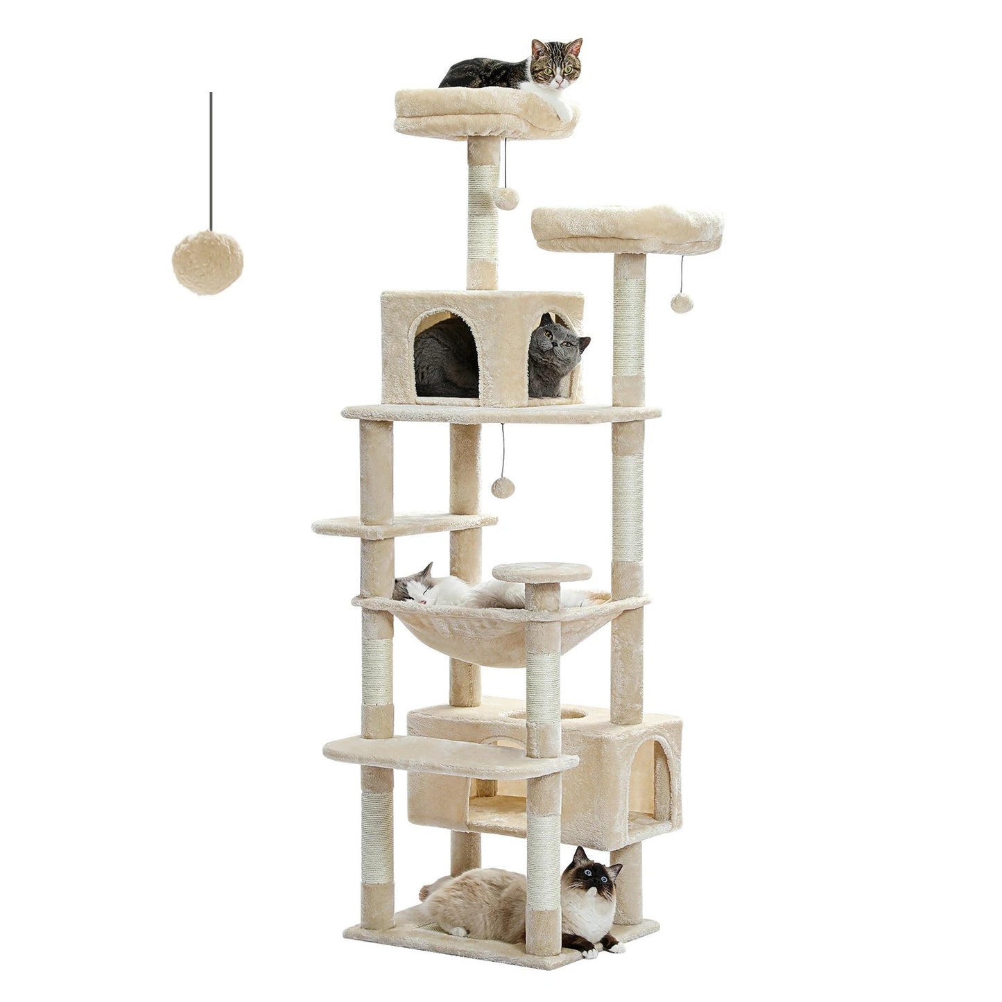 Arbre à Chat Multi - Niveaux pour Grands Chats – 3 Tailles (136, 164, 184 cm) avec Griffoirs en Sisal, Hamac & Niches - Aurapet
