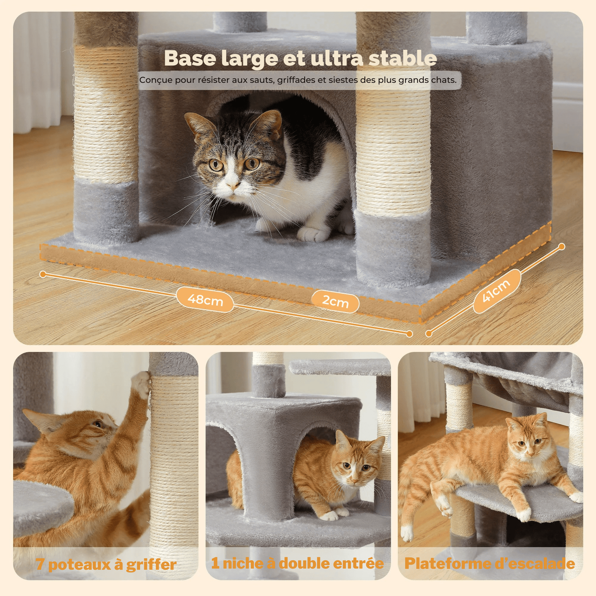 Arbre à Chat Multi - Niveaux pour Grands Chats – 3 Tailles (136, 164, 184 cm) avec Griffoirs en Sisal, Hamac & Niches - Aurapet