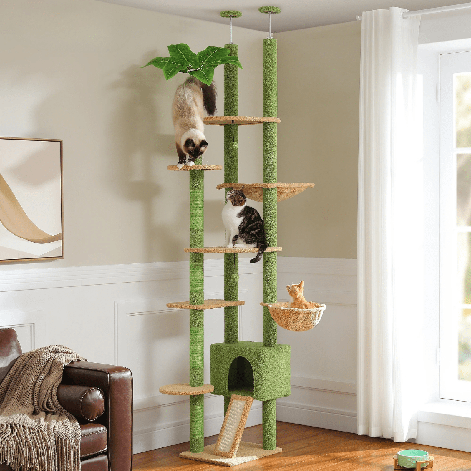 Arbre à Chat Cactus du Sol au Plafond – Tour Ajustable avec Niche, Hamac Douillet et Poteaux à Griffer – Grande Aire de Jeu pour Chats - Aurapet
