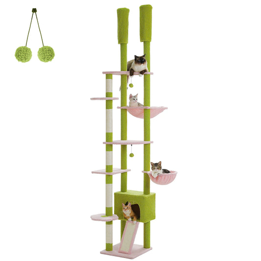 Arbre à Chat Cactus du Sol au Plafond – Tour Ajustable avec Niche, Hamac Douillet et Poteaux à Griffer – Grande Aire de Jeu pour Chats - Aurapet