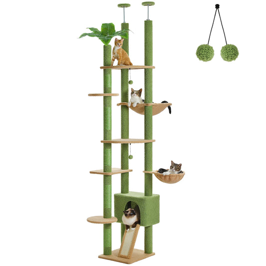Arbre à Chat Cactus du Sol au Plafond – Tour Ajustable avec Niche, Hamac Douillet et Poteaux à Griffer – Grande Aire de Jeu pour Chats - Aurapet