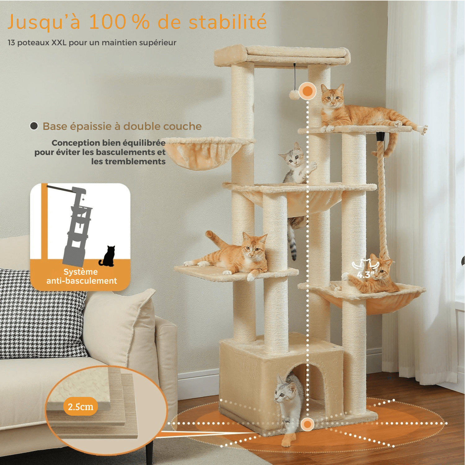 Grand Arbre à Chat XXL 170 cm – Tour Robuste avec 11 Griffoirs en Sisal, Hamacs & Perchoirs - Aurapet